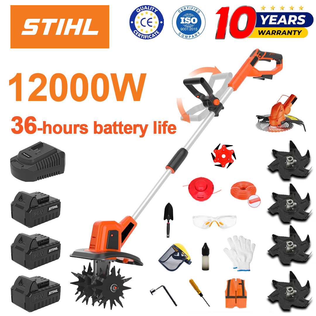 (Duração da bateria 36 horas) Arado de 12000 W + bateria de lítio de 96 V * 3 + cabeça de corte * 1 + carregador rápido * 1 + pá * 1 + lâmina reta * 2 + lâmina de arado * 4 + lâmina de serra de liga * 1 + lâmina de corte * 1+ corda de corte * 1 + vários acessórios