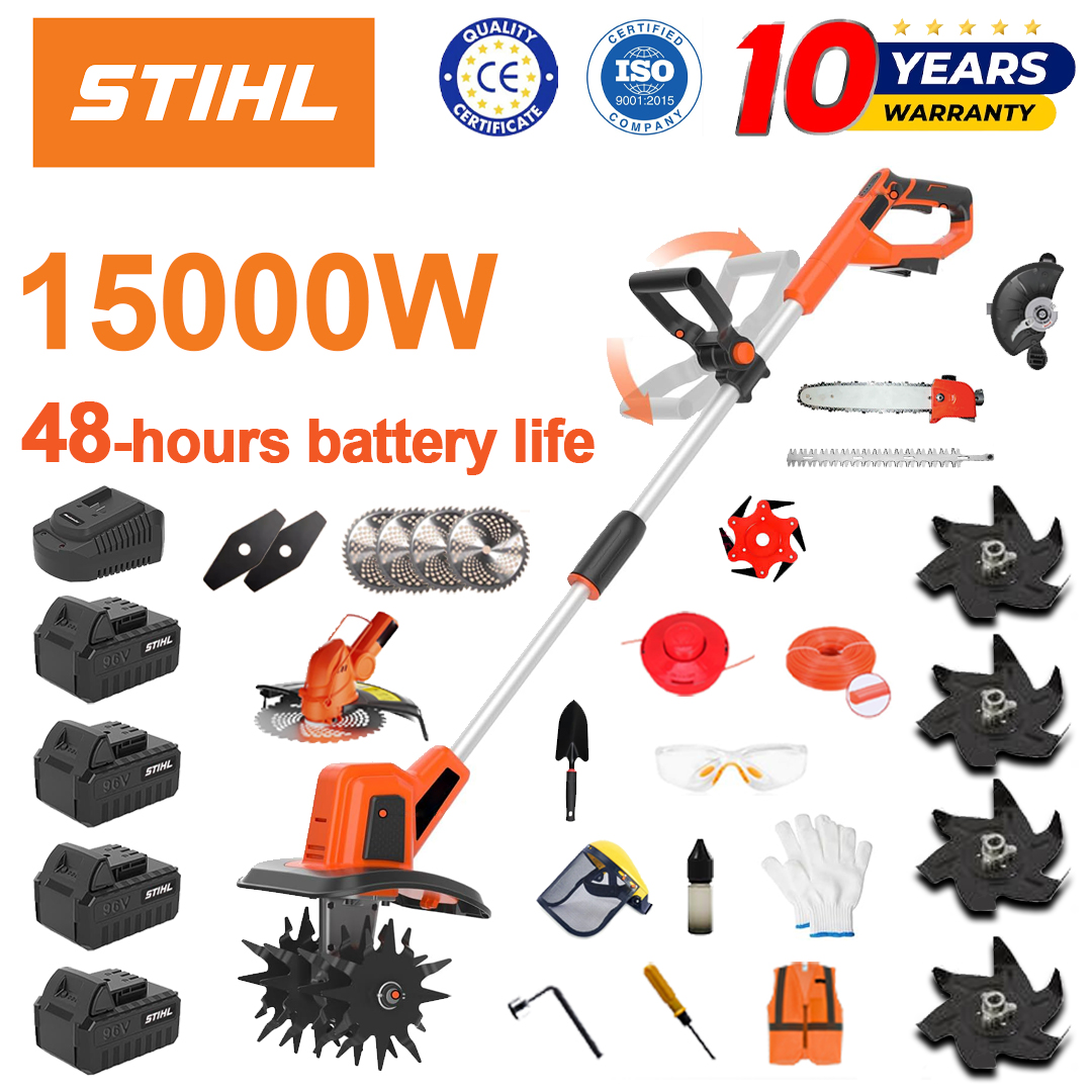 (Duração da bateria 48 horas) Arado de 15000 W + bateria de lítio de 96 V * 4 + cabeça de corte * 1 + serra * 1 + cabeça de aparador de sebes * 1 + carregador rápido * 1 + pá * 1 + lâmina reta * 2 + lâmina de arado * 4 + lâmina de serra de liga * 1 + lâmina de corte * 1 + corda de corte * 1 + vários acessórios